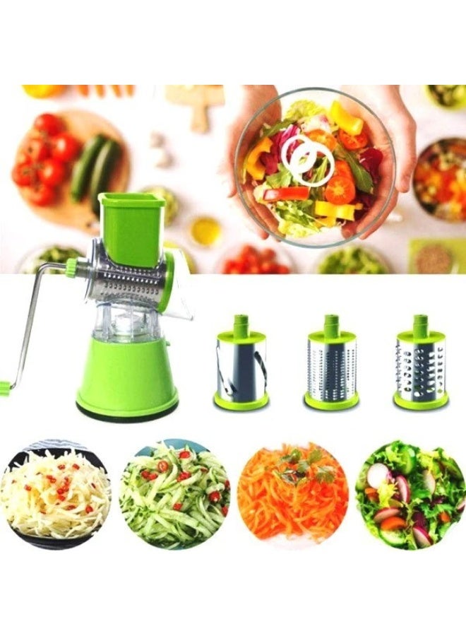 3-in-1 Manual Tabletop Drum Slicer & Vegetable Grater - Rotary Cheese Shredder, Mandoline Cutter & Nut Grinder with 3 Interchangeable Stainless Steel Blades & Suction Base (Green) - Image 1